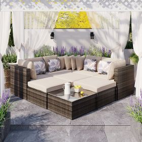 GO 8-piece Outdoor Wicker Sofa Set, Rattan Sofa Lounger, With Colorful Pillows, Conversation Sofa, For Patio, Garden, Deck, Brown Wicker, Beige Cushio