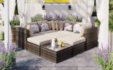 GO 8-piece Outdoor Wicker Sofa Set, Rattan Sofa Lounger, With Colorful Pillows, Conversation Sofa, For Patio, Garden, Deck, Brown Wicker, Beige Cushio