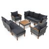 GO 9-Piece Patio Rattan Furniture Set, Outdoor Conversation Set With Acacia Wood Legs and Tabletop, PE Rattan Sectional Sofa Set with Coffee Table, Wa
