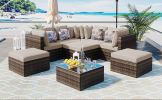 GO 8-piece Outdoor Wicker Sofa Set, Rattan Sofa Lounger, With Colorful Pillows, Conversation Sofa, For Patio, Garden, Deck, Brown Wicker, Beige Cushio