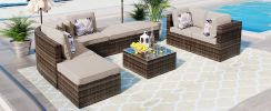 GO 8-piece Outdoor Wicker Sofa Set, Rattan Sofa Lounger, With Colorful Pillows, Conversation Sofa, For Patio, Garden, Deck, Brown Wicker, Beige Cushio