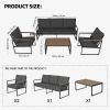 Outdoor 4 Pieces Furniture Sets Modern Aluminum Patio Conversation Sets Sofa w Blue Cushion Faux Wood Grain Frame Coffee Table for Garden Courtyard Po
