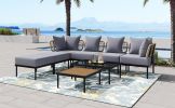 TREXM 8-Piece Patio Sectional Sofa Set with Tempered Glass Coffee Table and Wooden Coffee Table for Outdoor Oasis, Garden, Patio and Poolside (Light G