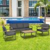 Outdoor 4 Pieces Furniture Sets Modern Aluminum Patio Conversation Sets Sofa w Blue Cushion Faux Wood Grain Frame Coffee Table for Garden Courtyard Po