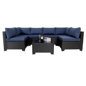7 Pieces Furniture Set,All-Weather PE Wicker Rattan Sectional Conversation Sofa Set,Ouutdoor Low Back Sectional Sofa with Tea Table,for Garden, Backya (Color: as picture)